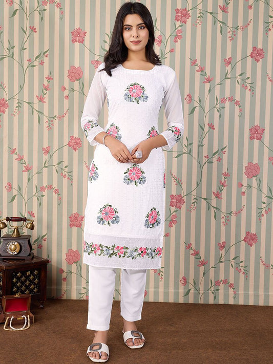 Dhiyona OD  Floral Embroidered Thread Work Floral Georgette Straight Kurta