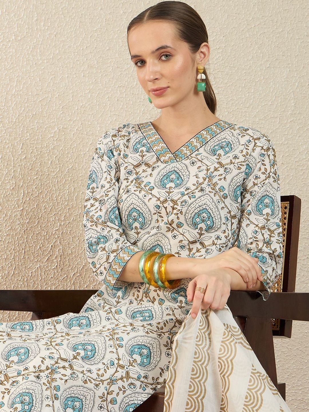 Women Ethnic Motifs Printed Regular Pure Cotton Kurta with Trousers & With Dupatta