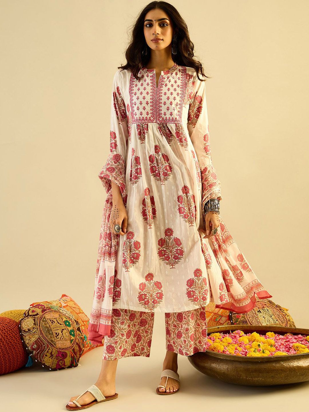 Ethnic Motifs Embroidered Anarkali Pure Cotton Kurta with Palazzos & With Dupatta