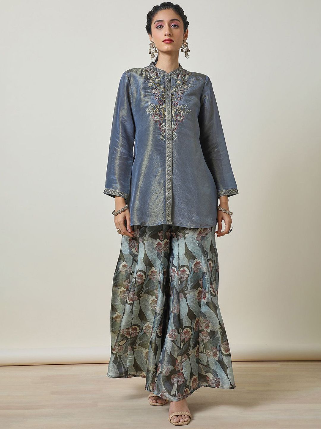Dhiyona SO Women's Floral Embroidered Thread Work Tissue Straight Kurti with Palazzos & Dupatta