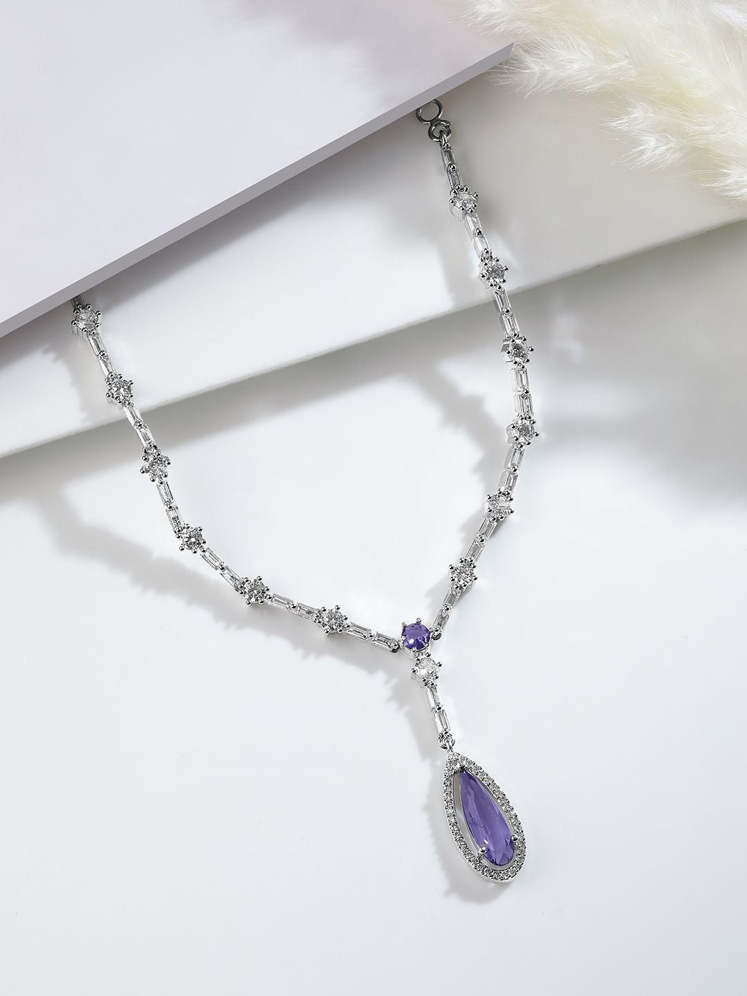 Dhiyona RJ Women's Rhodium Plated Purple Sapphire Teardrop Necklace Set with AD & Cubic Zirconia