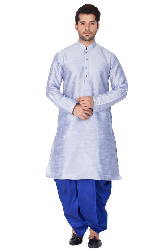 Men's Bluish White Silk Blend Straight Kurta and Dhoti Set