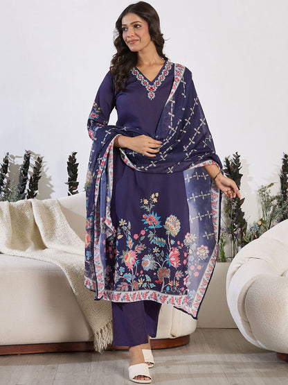 Floral Printed Thread Work Straight Kurta with Trouser & Dupatta