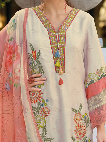 Dhiyona IE Women's Floral Embroidered Mirror Work Kurta with Trousers & Dupatta