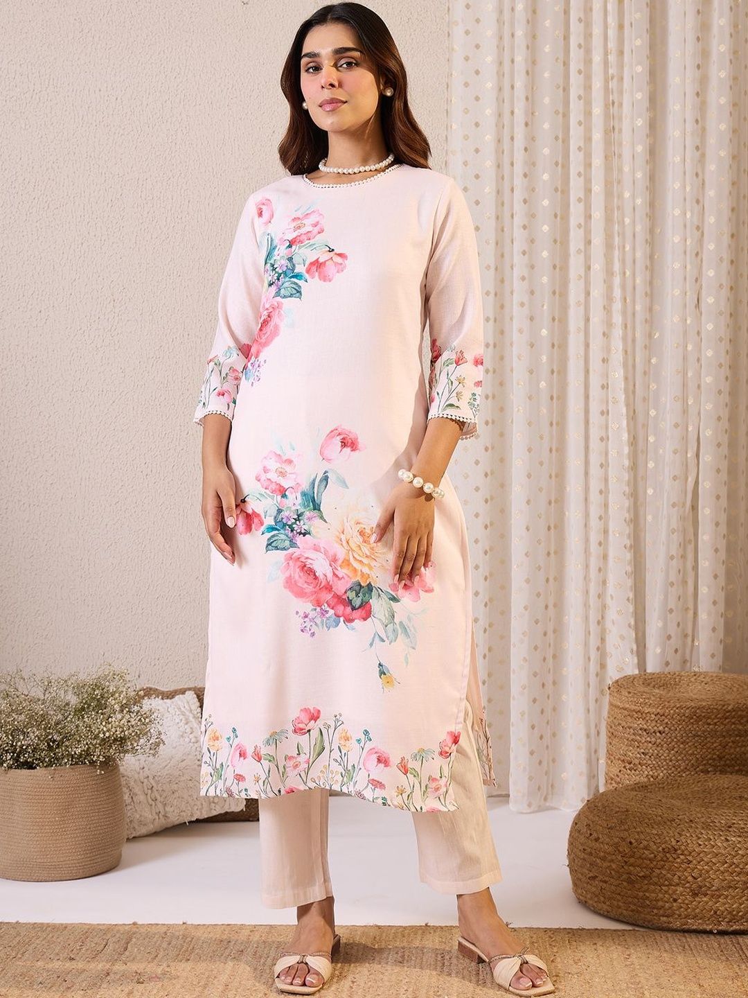 Floral Printed Round Neck Linen Straight Kurta & Trousers With Dupatta