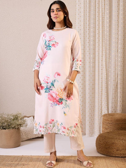 Floral Printed Round Neck Linen Straight Kurta & Trousers With Dupatta