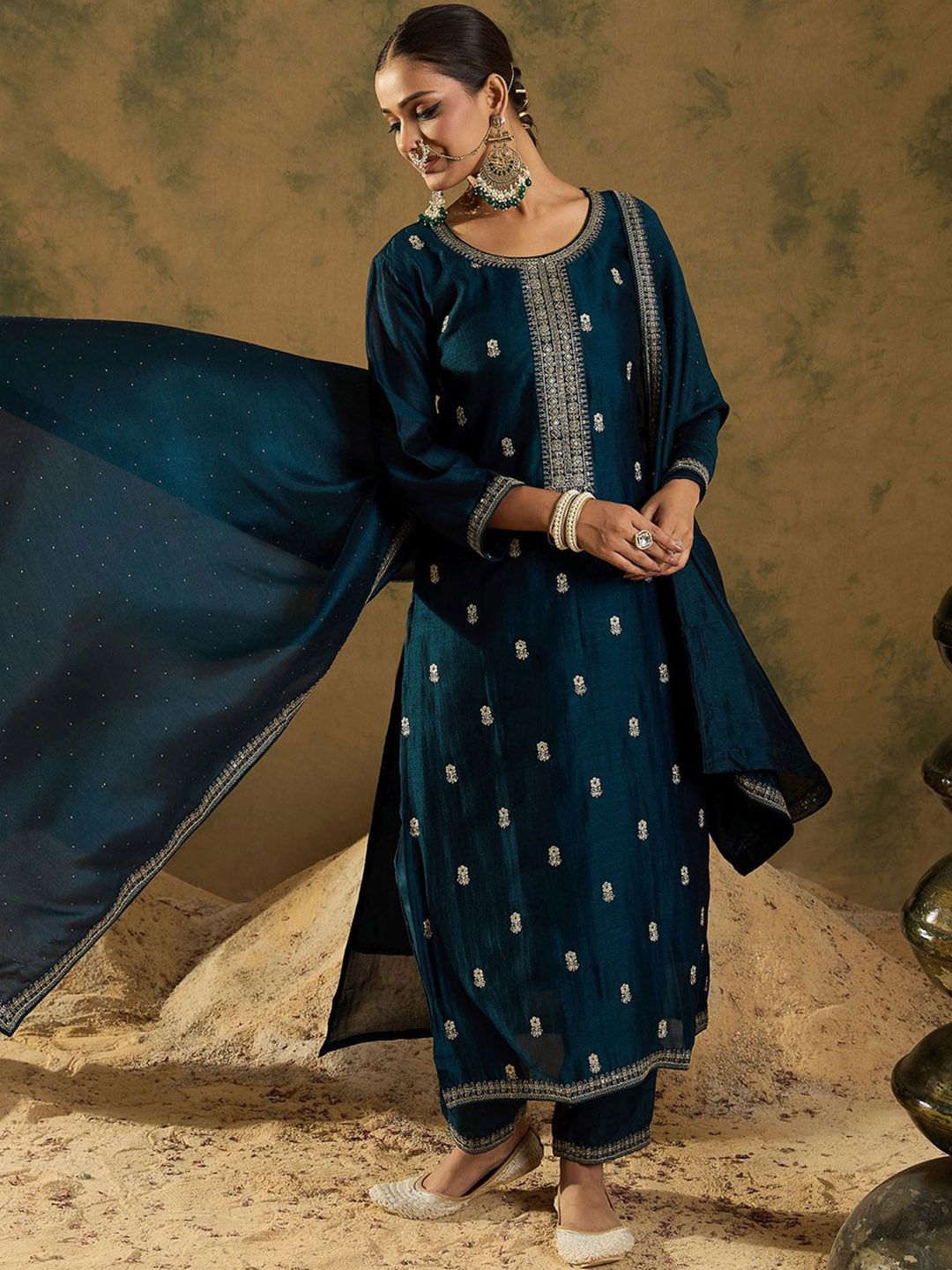 Ethnic Embroidered Thread Work Round Neck Silk Blend Kurta with Trouser & Dupatta