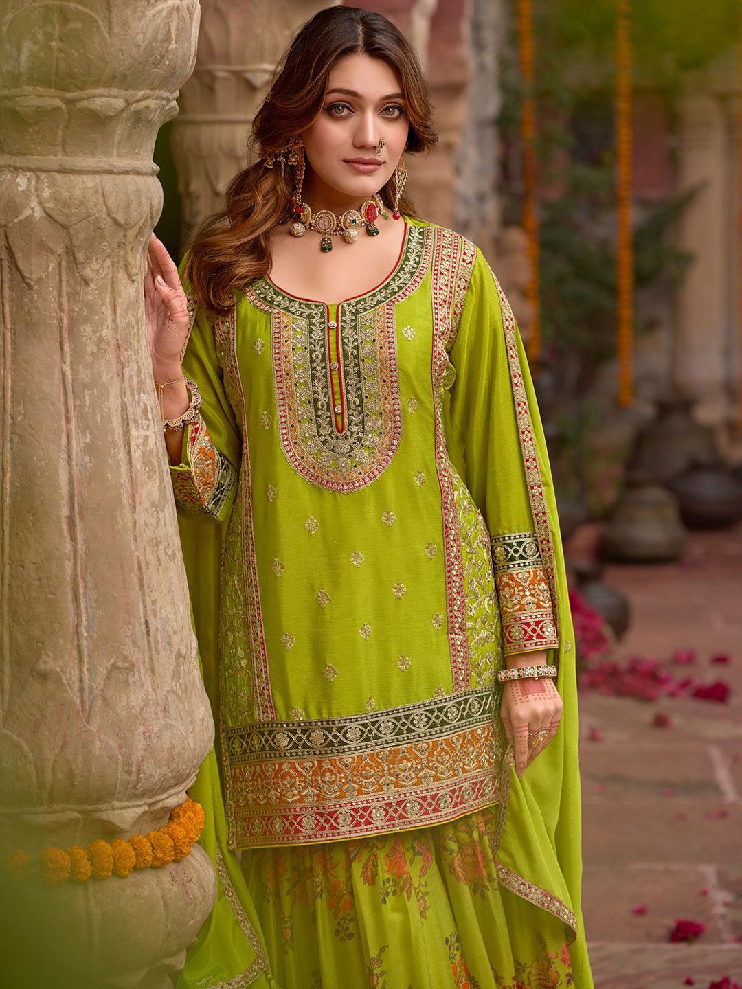 Dhiyona IE Floral Embroidered Sequinned Chinon Straight Kurta With Sharara & Dupatta