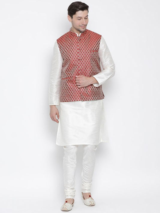 Men's Cream Silk Blend Straight Jacket  Kurta and Pyjama Set