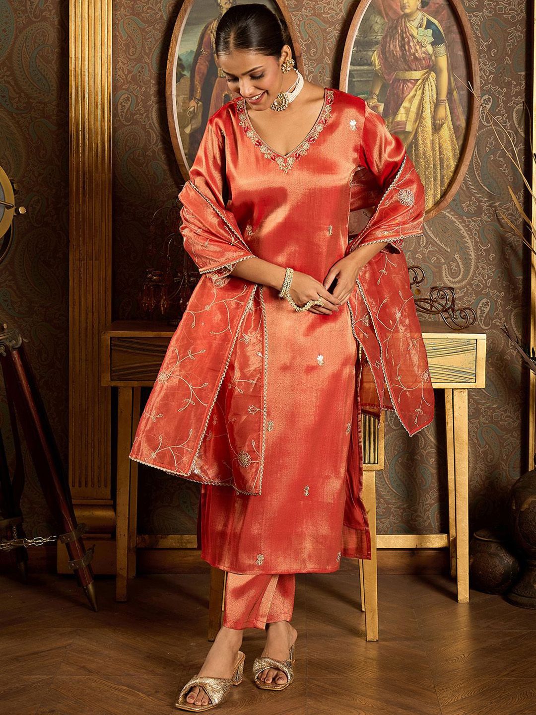 Floral Embroidered V-Neck Regular Liva Kurta With Trouser With Dupatta