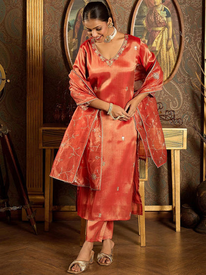 Floral Embroidered V-Neck Regular Liva Kurta With Trouser With Dupatta