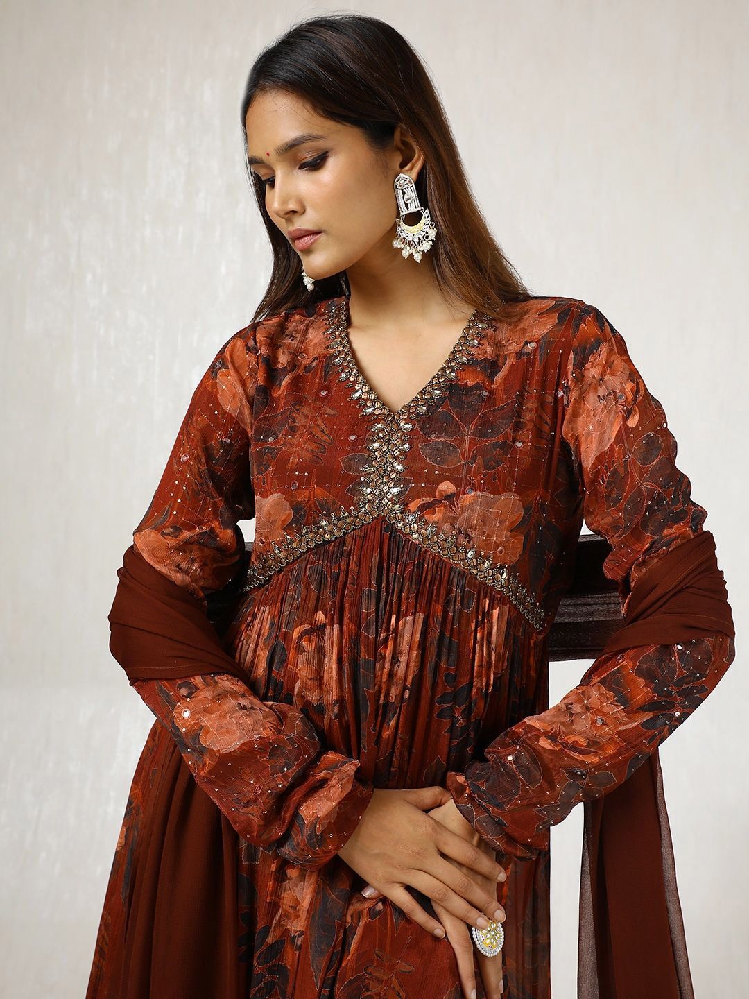 Dhiyona SO Women's Floral Printed Mirror Work Anarkali Kurta with Sharara & With Dupatta