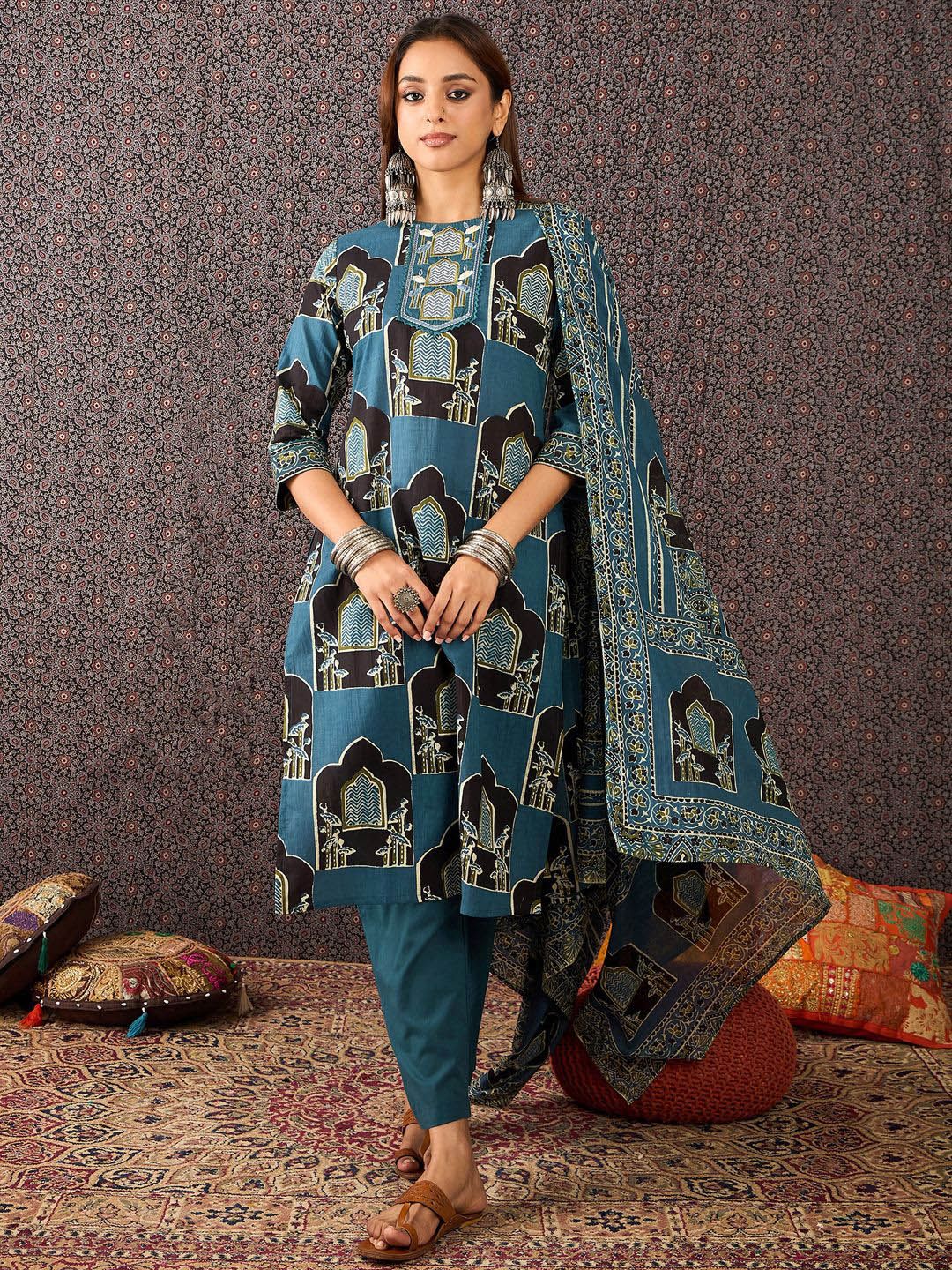 Women Ethnic Motifs Printed Straight Kurta Trousers With Dupatta set