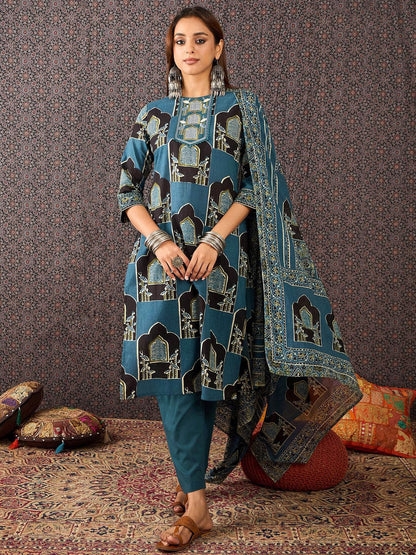 Women Ethnic Motifs Printed Straight Kurta Trousers With Dupatta set