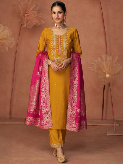 Dhiyona VA Women'sFloral Embroidered Zari Work Round Neck Straight Kurta With Trousers & Dupatta