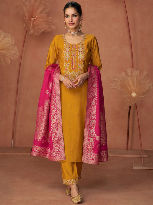 Dhiyona VA Women'sFloral Embroidered Zari Work Round Neck Straight Kurta With Trousers & Dupatta