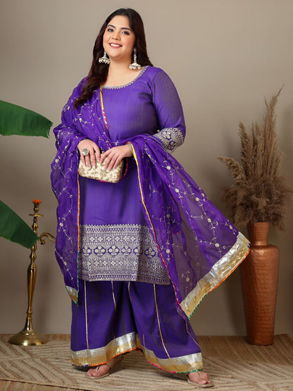 Dhiyona IN Women Plus Size Ethnic Motifs Embroidered Kurta with Sharara & Dupatta
