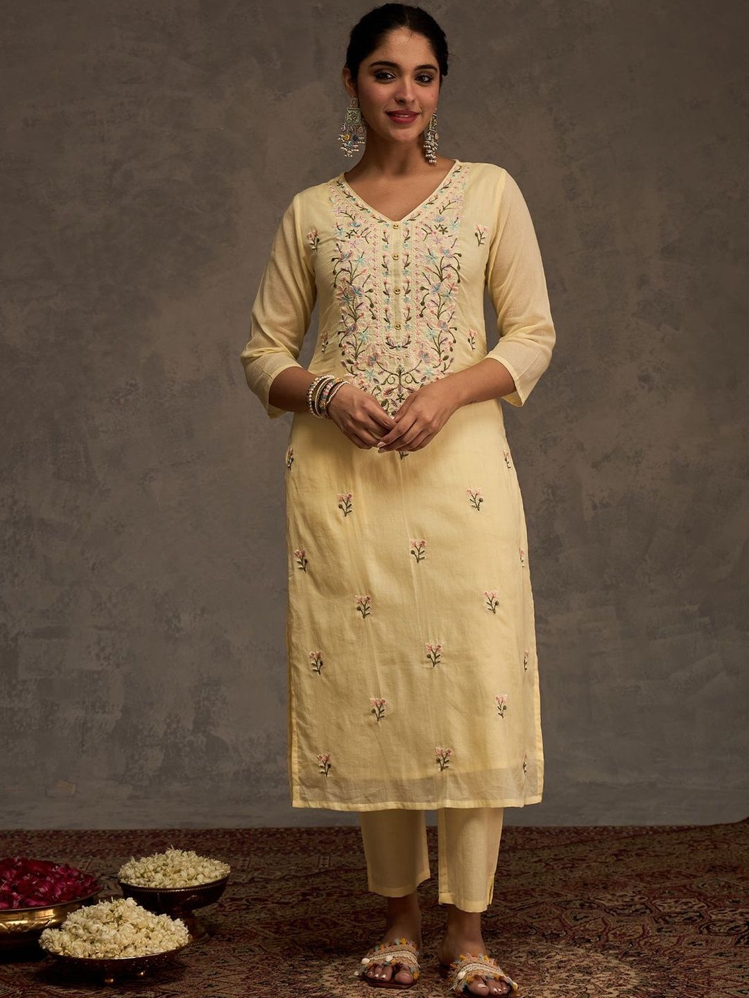 Women Floral Embroidered Pure Cotton Kurta with Trousers & Dupatta