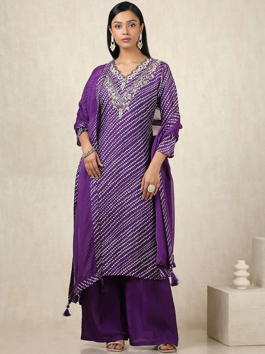 Dhiyona SO Women's Bandhani Printed V-Neck Gotta Patti Straight Kurta With Palazzos And Dupatta
