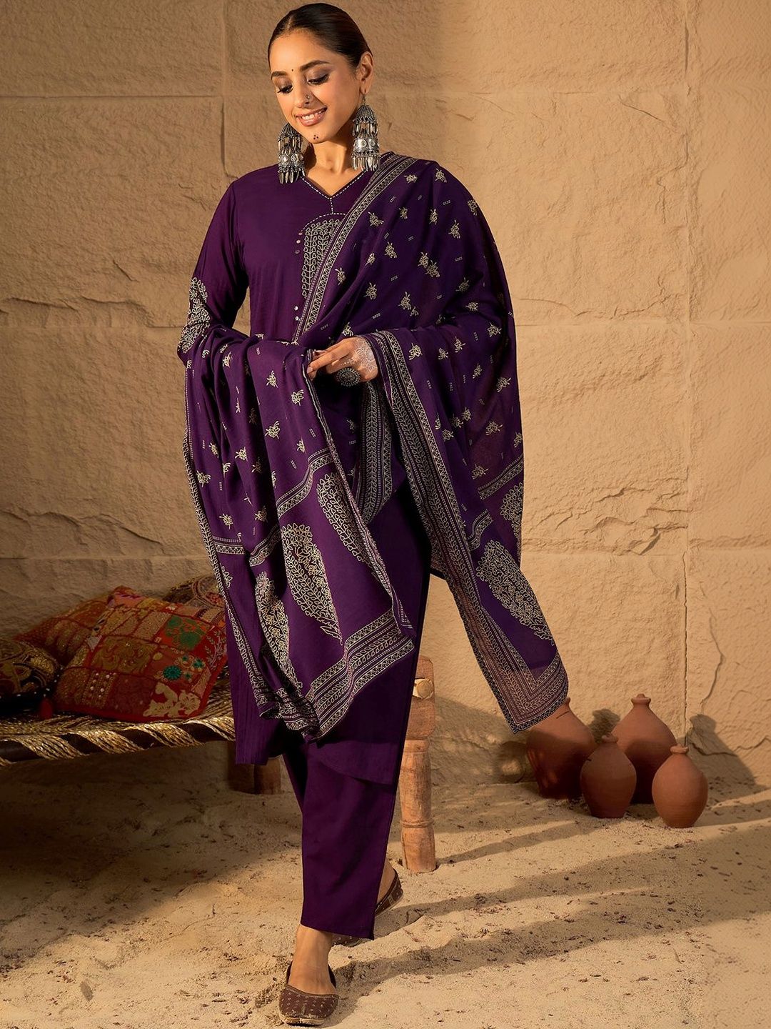 Women Ethnic Motifs Embroidered Regular Thread Work Pure Cotton Kurta with Trousers & With Dupatta