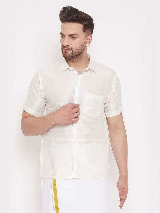 Men's Cream Silk Blend Straight Ethnic Shirt