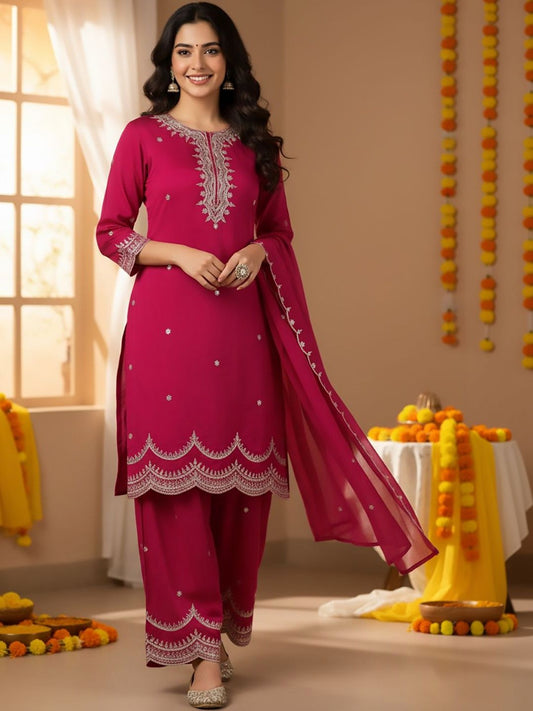 Dhiyona HOP Embroidered Round Neck Kurta & Sharara With Dupatta