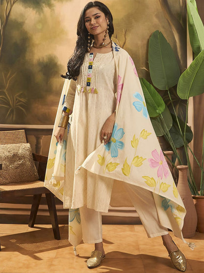 Dhiyona SN Women's Floral Embroidered Pure Cotton Straight Kurta With Trousers & Dupatta