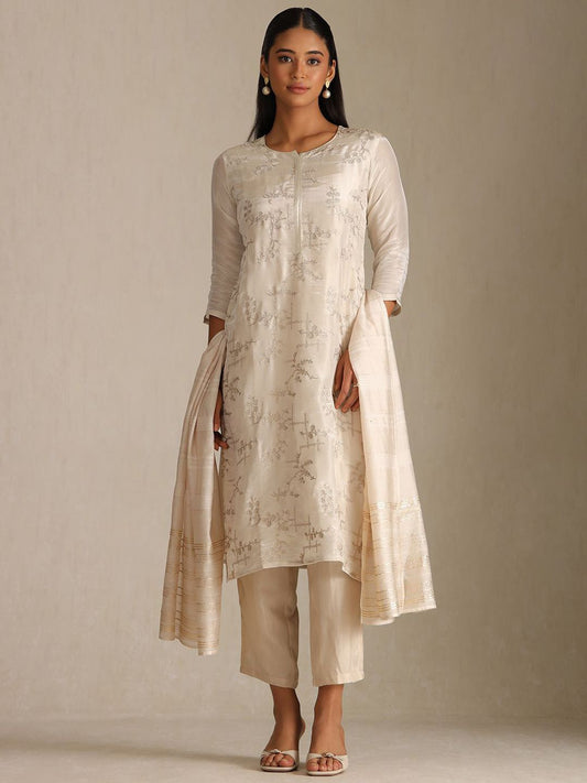 Dhiyona SO Women's Floral Embroidered Round Neck Straight Kurta With Trousers & Dupatta