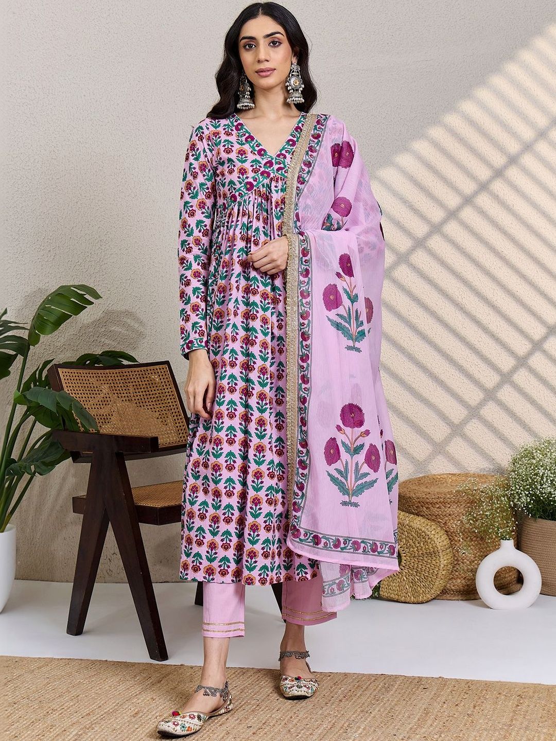 Dhiyona IE Women Floral Printed Panelled Pure Cotton Kurta with Trousers & With Dupatta