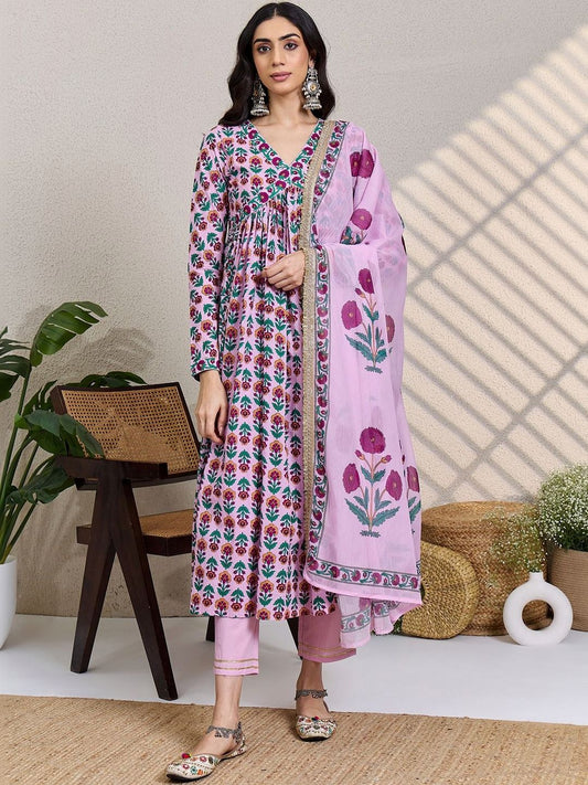 Women Floral Printed Panelled Pure Cotton Kurta with Trousers & With Dupatta
