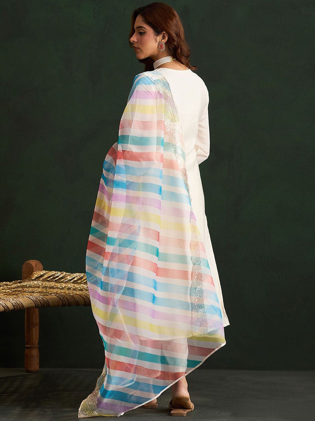 Cream Coloured Floral Embroidered Pure Cotton Kurta with Trousers & Dupatta