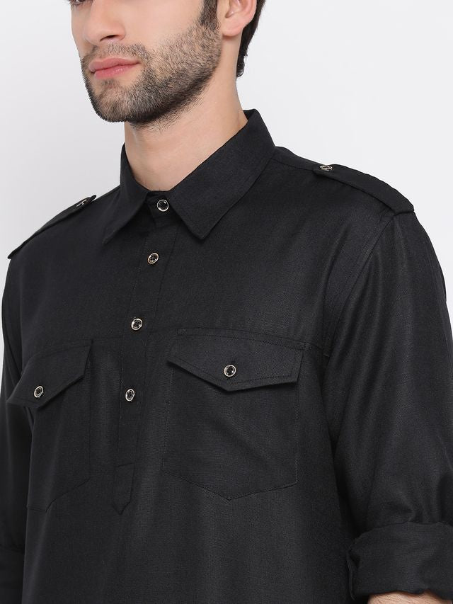 Men's Black Cotton Blend Pathani Pathani Kurta Set