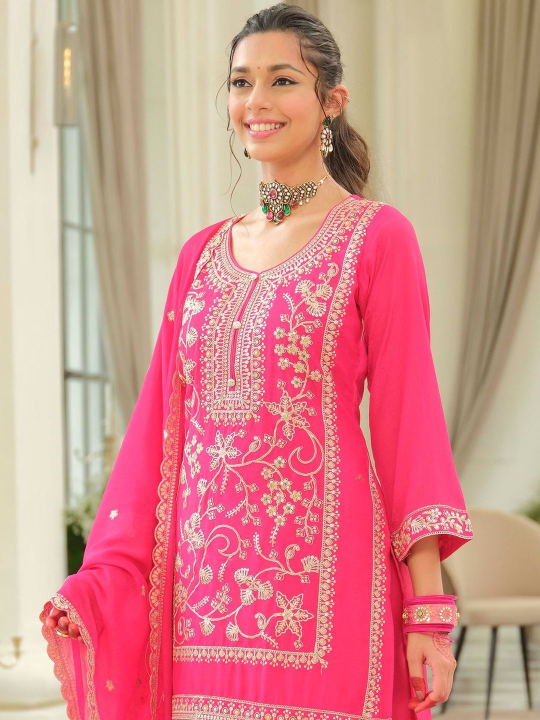 Women Ethnic Motifs Self Design Sequinned Kurta with Patiala & With Dupatta