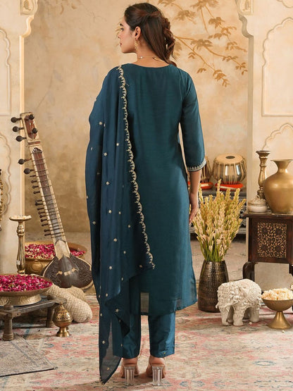 Dhiyona IE Women's Women Ethnic Motifs Embroidered Kurta with Trousers & Dupatta
