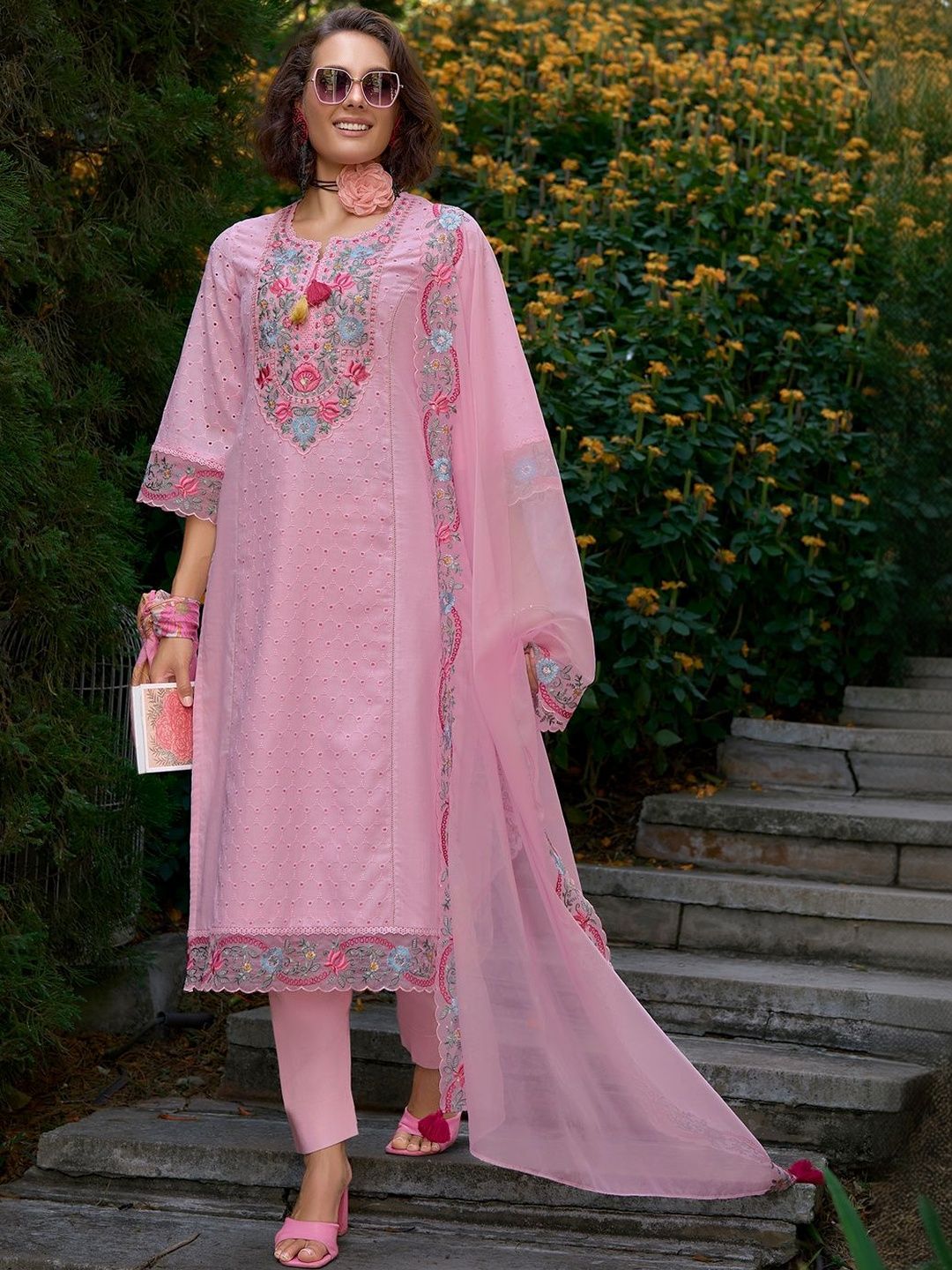 Dhiyona IE Women Floral Embroidered Regular Thread Work Pure Cotton Kurta with Trousers & With Dupatta