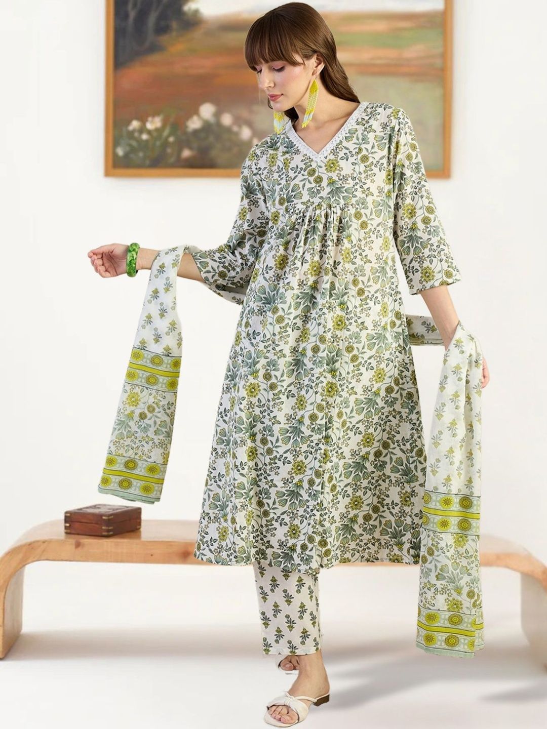 Women Floral Printed Regular Pure Cotton Kurta with Trousers & With Dupatta
