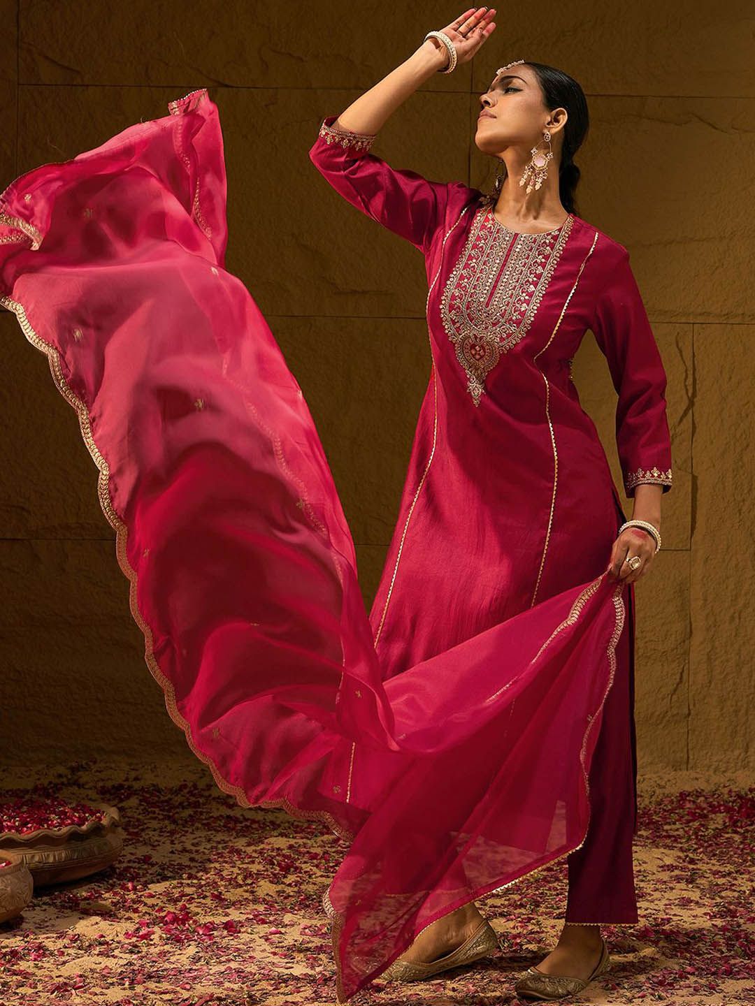 Dhiyona IE Ethnic Motifs Yoke Design Thread Work Liva Straight Kurta With Trousers & Dupatta
