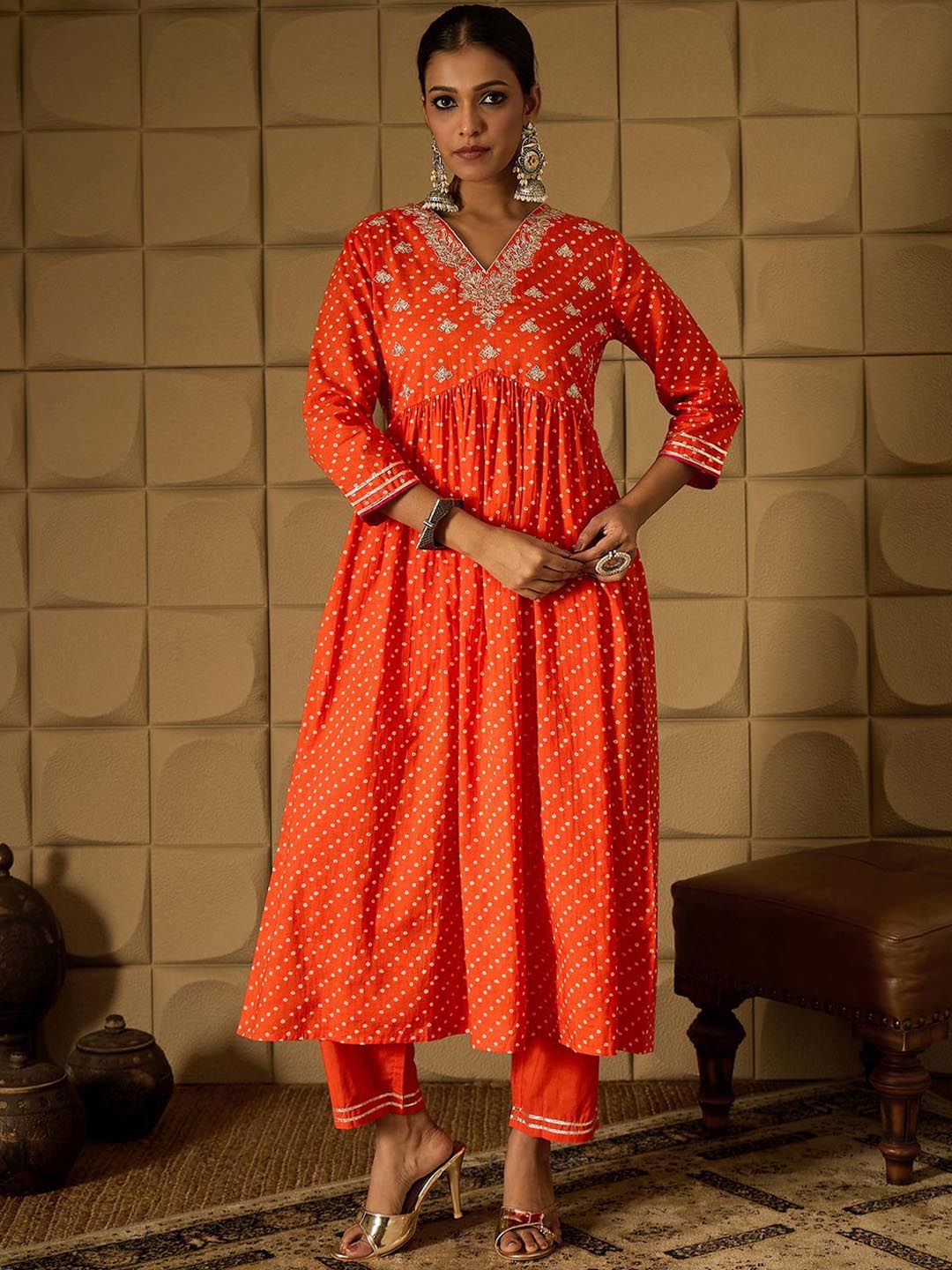 Dhiyona IE Bandhani Embroidered Empire Sequined A-Line Pure Cotton Kurta With Trousers