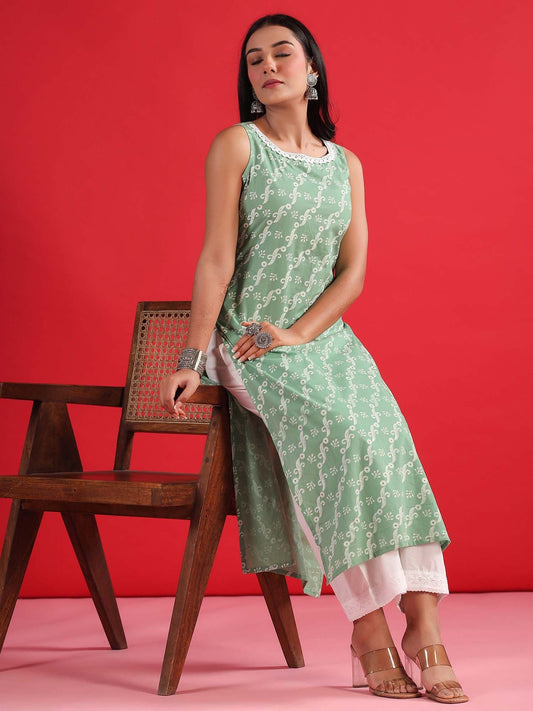 Dhiyona IE Ethnic Motifs Embroidered Sleeveless Cotton Kurta