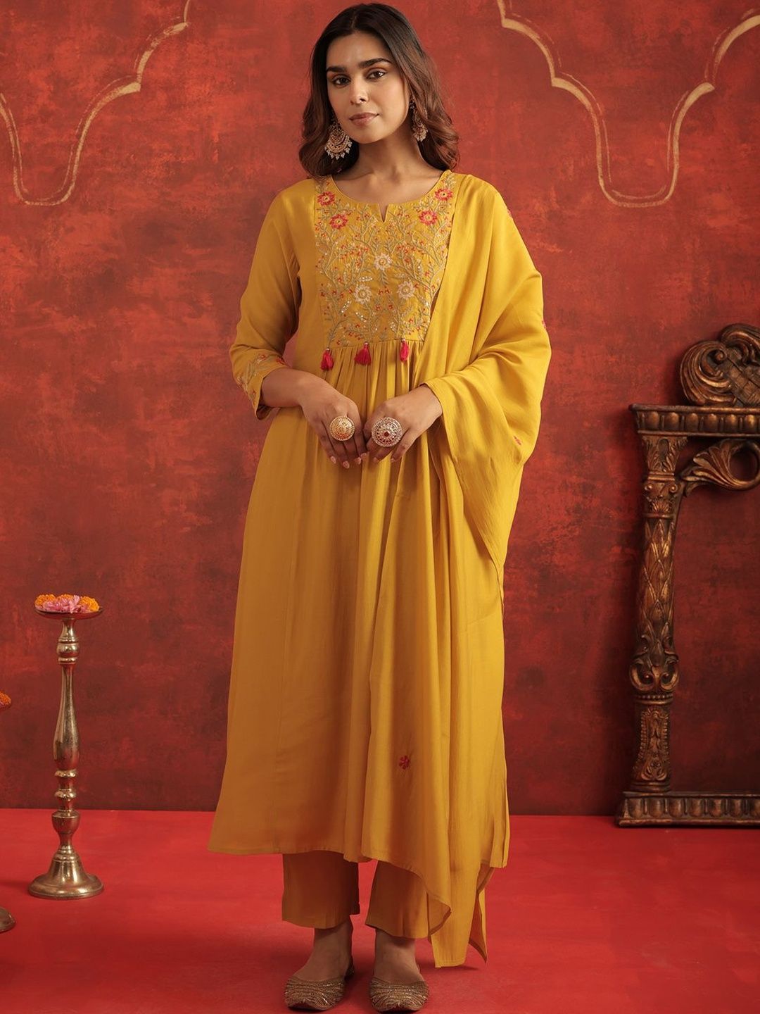 Dhiyona IE Women Floral Embroidered A-Line Kurta with Trousers & Dupatta