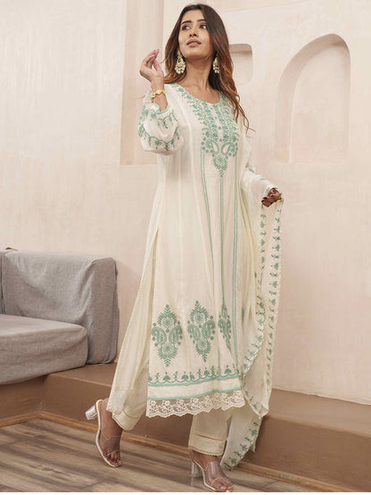 Dhiyona PD Women Floral Embroidered Pure Cotton Kurta & Trousers With Dupatta