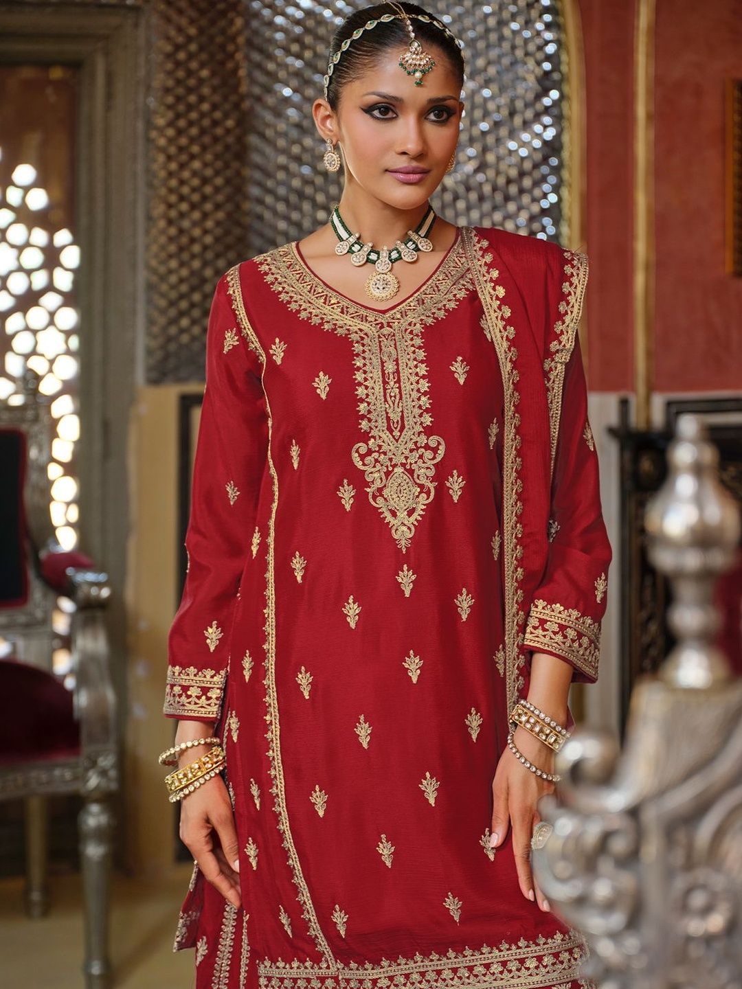 Dhiyona IE Women Ethnic Motifs Embroidered Kurta with Sharara & Dupatta