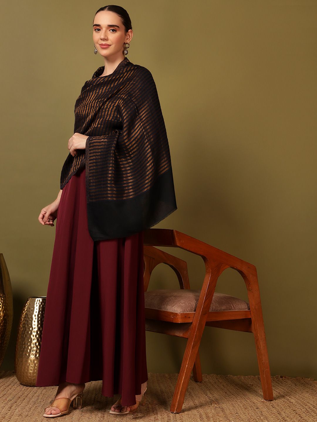 Dhiyona PA Striped Woven Design Woollen Reversible Shawl