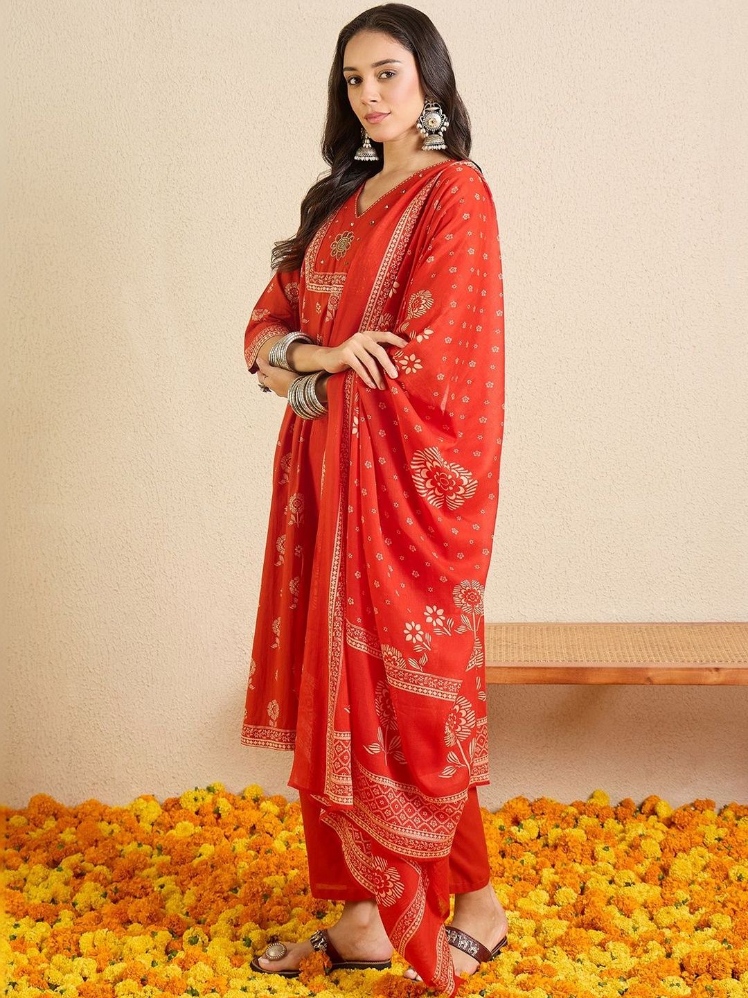 Women Ethnic Motifs Printed Regular Thread Work Pure Cotton Kurta with Trousers & With Dupatta