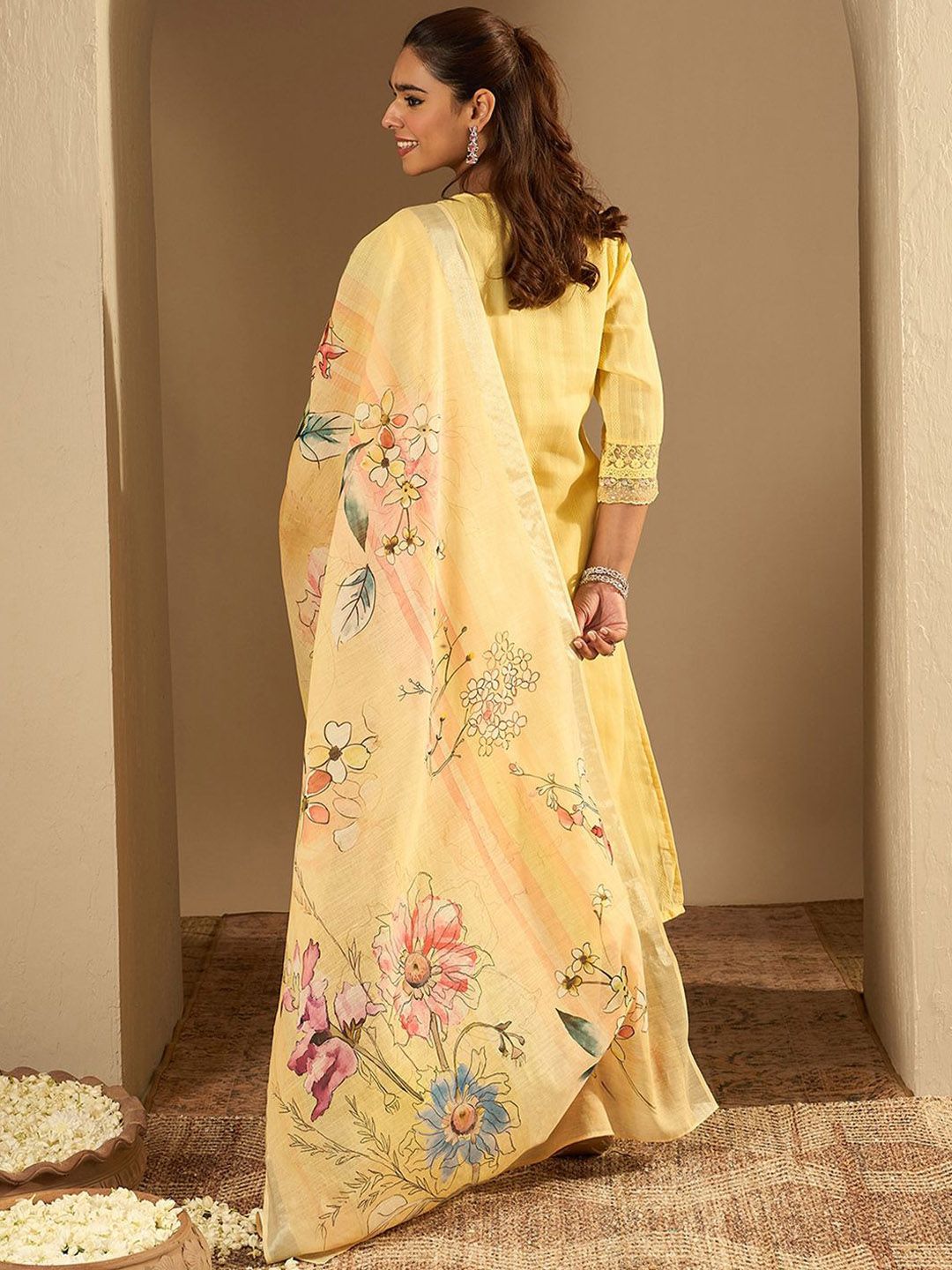 Dhiyona IE Floral Embroidered Thread Work Pure Cotton Straight Kurta With Trousers & Dupatta