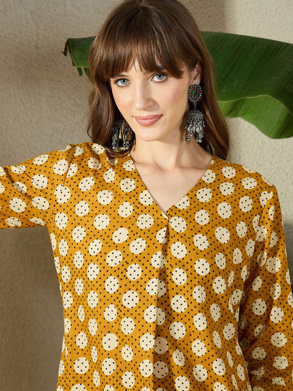 Dhiyona IE Geometric Printed Pure Cotton V-Neck Top With Trousers Co-Ords