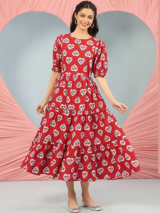 Dhiyona AY Women's Printed Cotton Fit & Flared Maxi Ethnic Dresses