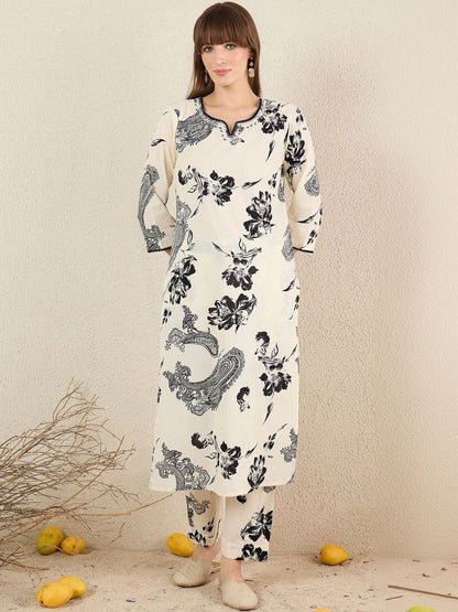 Women Floral Printed Regular Beads and Stones Pure Cotton Kurta with Trousers & With Dupatta