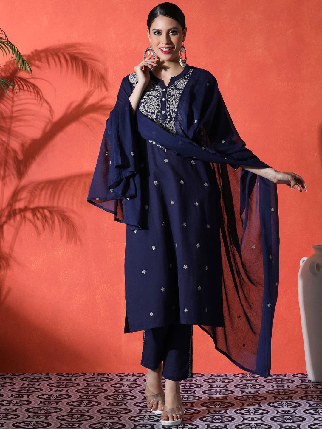 Dhiyona SN Women's Floral Embroidered Mandarin Collar A-Line Kurta With Trousers & Dupatta