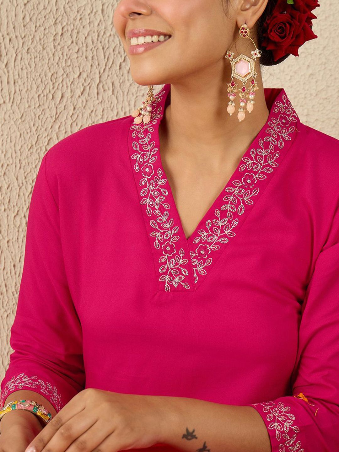 Women Ethnic Motifs Embroidered Regular Sequinned Straight Kurta with Trousers